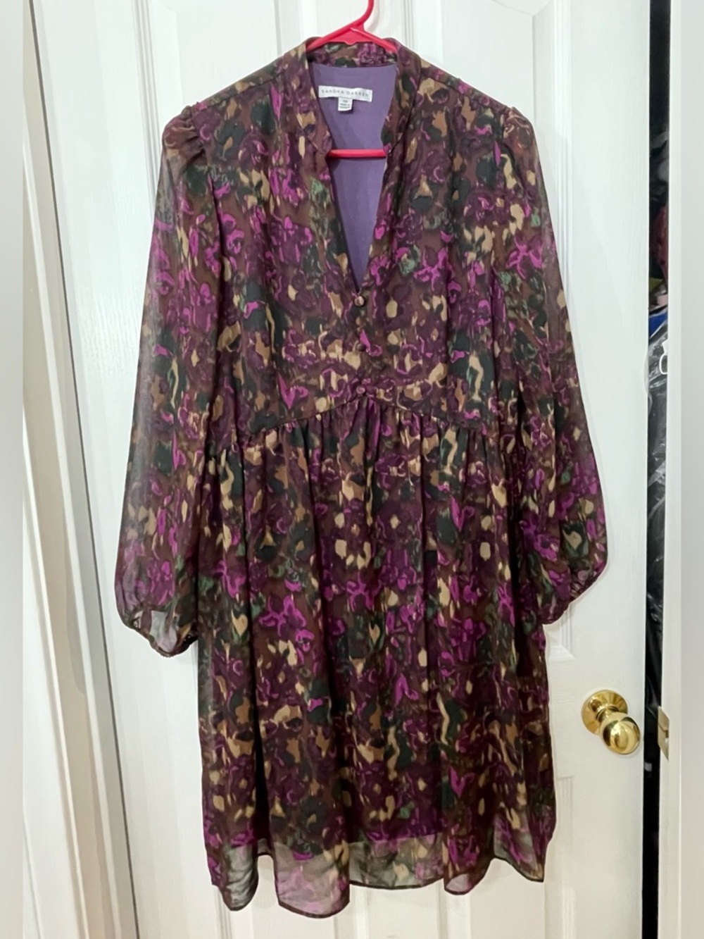 Sandra Darren Very Elegant Purple and Brown Long-Sleeve Floral Sheer Dress